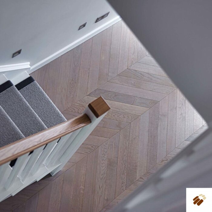 V4 Wood Flooring : Chevron CV105 Misty Grey Brushed & Colour Stained, UV Oiled (9/3 x 90mm)