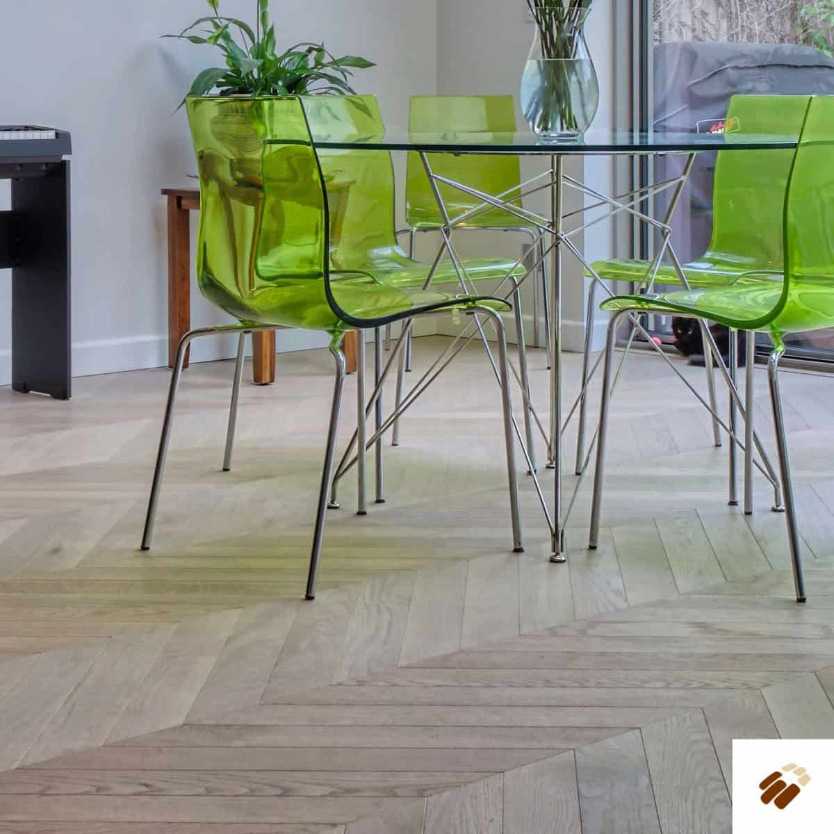 V4 Wood Flooring : Chevron CV105 Misty Grey Brushed & Colour Stained, UV Oiled (9/3 x 90mm)
